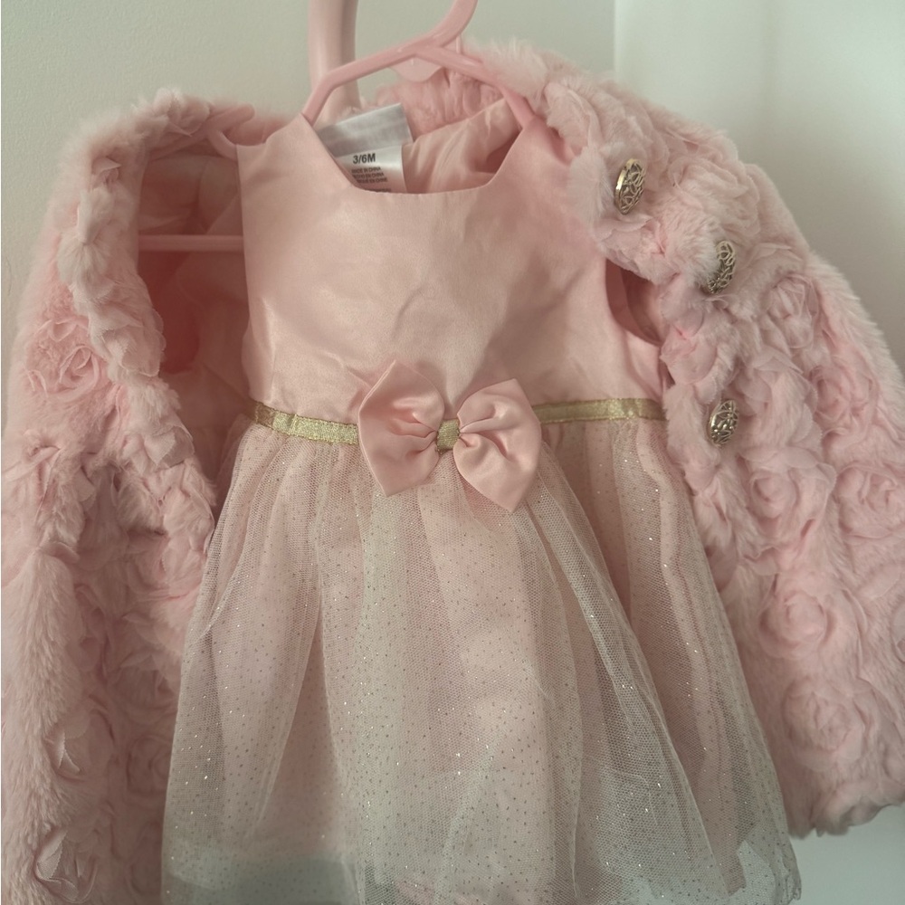 Blueberi Boulevard Pink Baby Dress with Faux Fur